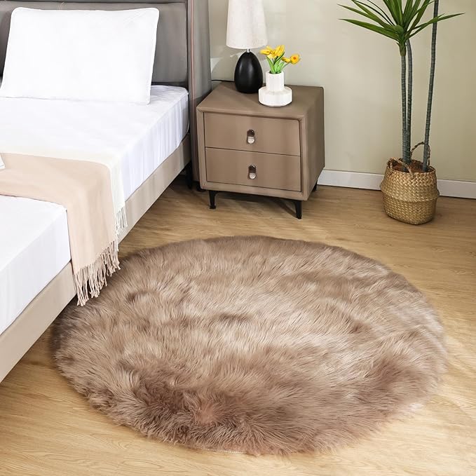 Latepis Round Fur Light Brown Beige Circle Rug 4ft Furry Washable Faux by Latepis