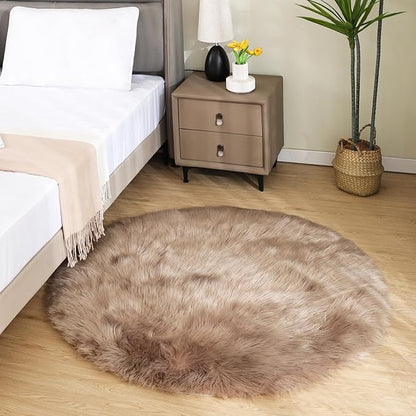Latepis Round Fur Light Brown Beige Circle Rug 4ft Furry Washable Faux by Latepis