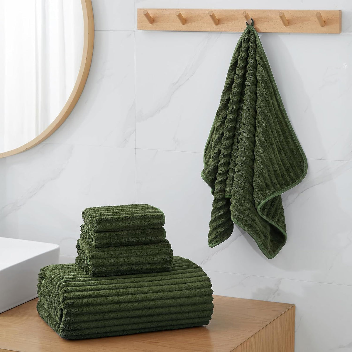 6 piece bath towel set, 30"x60" towels, olive shown in use
