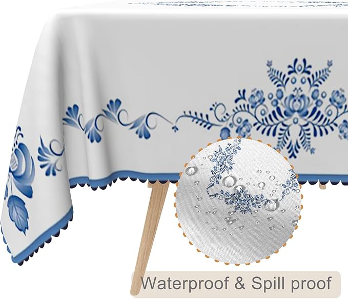54x70inches Blue Floral Rectangle Tablecloth Blue and White Porcelain - Image 2