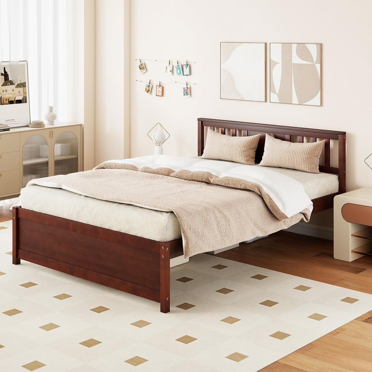 gofalme full size wood bed frame, mid-century modern, close-up detail