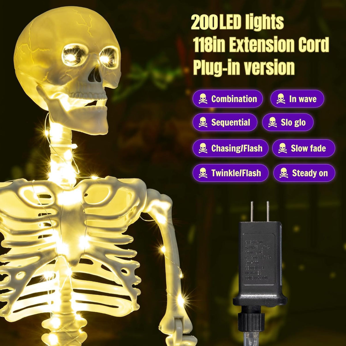 2 Pack 40 Inches Plug Operated 400 LED Light Up Halloween Skeleton Full Body Posable Movable Jonints for Halloween Decoration Décor
