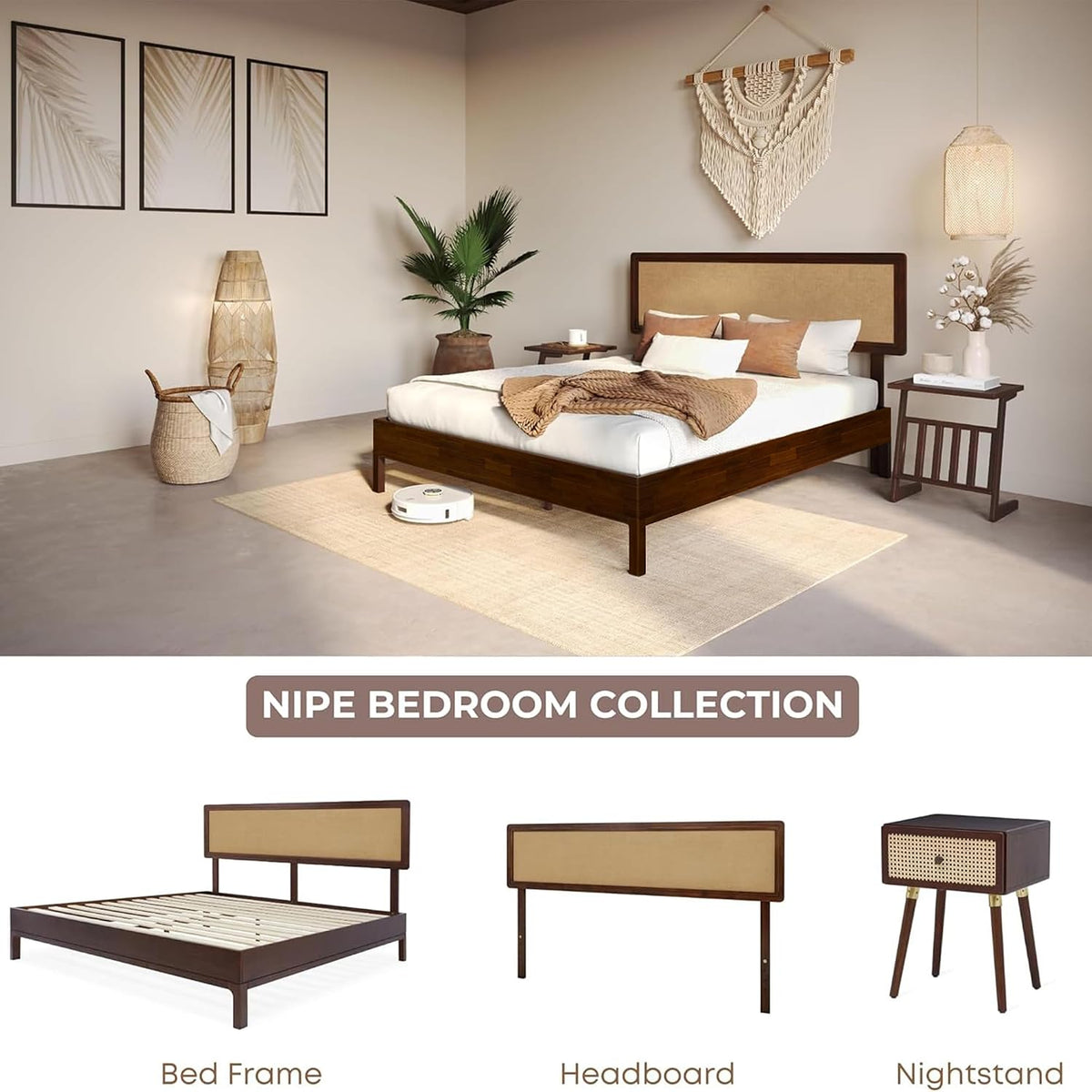 bme nipe king bohemian bedframe with adjustable wicker on a desk or shelf