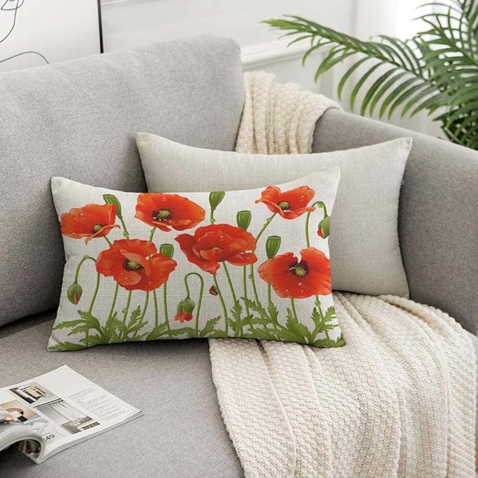 TKS MITLAN Red Poppy Pillow Covers 12 x 20 Inch Spring Flowers Rustic Linen - Image 7