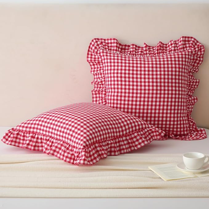 Red/White Checkered Ruffle Throw Pillow Covers Set of 2, Plaid Washed Cotton by Mywinlle