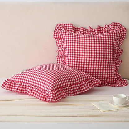 Red Plaid Ruffle Throw Pillow Covers by Mywinlle