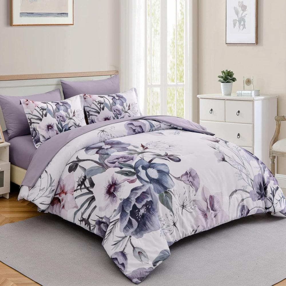 Luxudecor Floral Comforter Set Queen Size 7 Piece, Purple Flower Bed in a Bag...