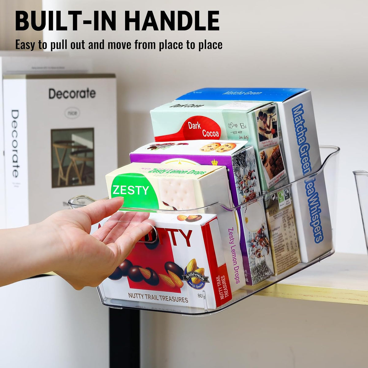 multi-use clear storage bins, pantry kitchen cabinet organizer, front angle view