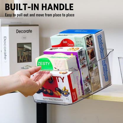 multi-use clear storage bins, pantry kitchen cabinet organizer, front angle view