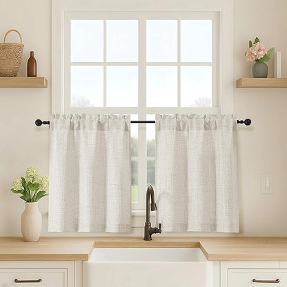 OVZME Natural Kitchen Curtains 24 Inch Length, Light Filtering Faux Linen by OVZME