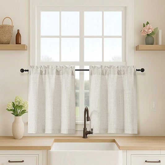 OVZME Natural Kitchen Curtains 24 Inch Length, Light Filtering Faux Linen by OVZME