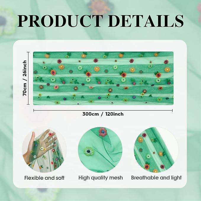 Artoid Mode 3PCS Dark Green Embroidery Daisy Gauze Table Runner 120 Inch 10FT - Image 6