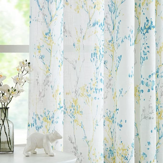 Branch Semi Sheers Curtains Living-Room 84inch Long Yellow Teal Watercolor by Treatmentex