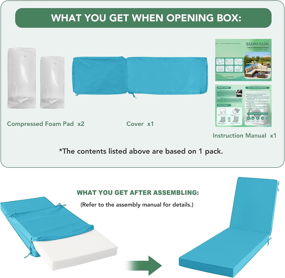 Summsun Chaise Lounge Cushions Outdoor Set of 2, 72 x 21 x 3 Inch, Teal