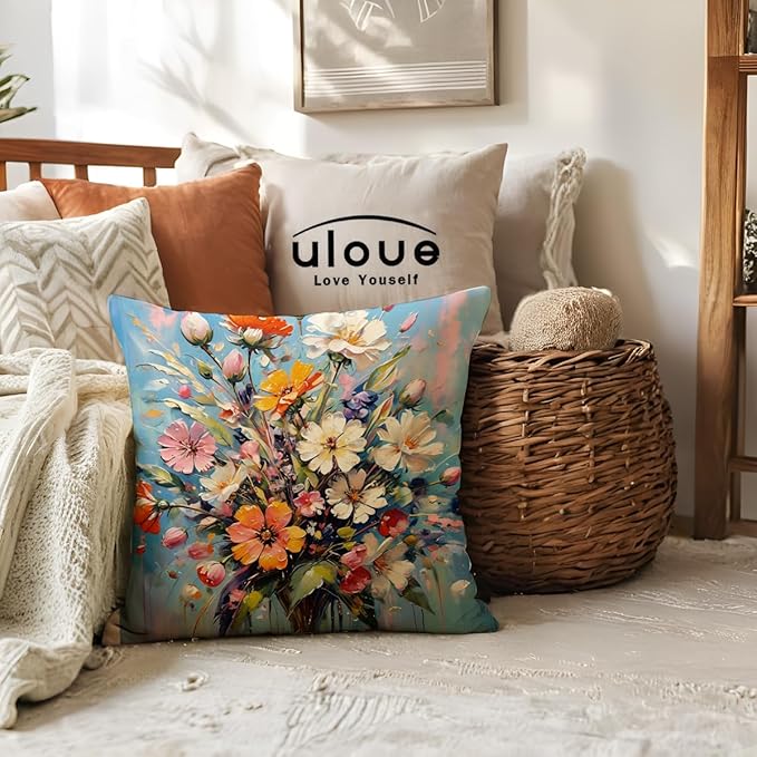 ULOVE LOVE YOURSELF Decorative Throw Pillow Case Oil Painting Floral Cushion - Image 3