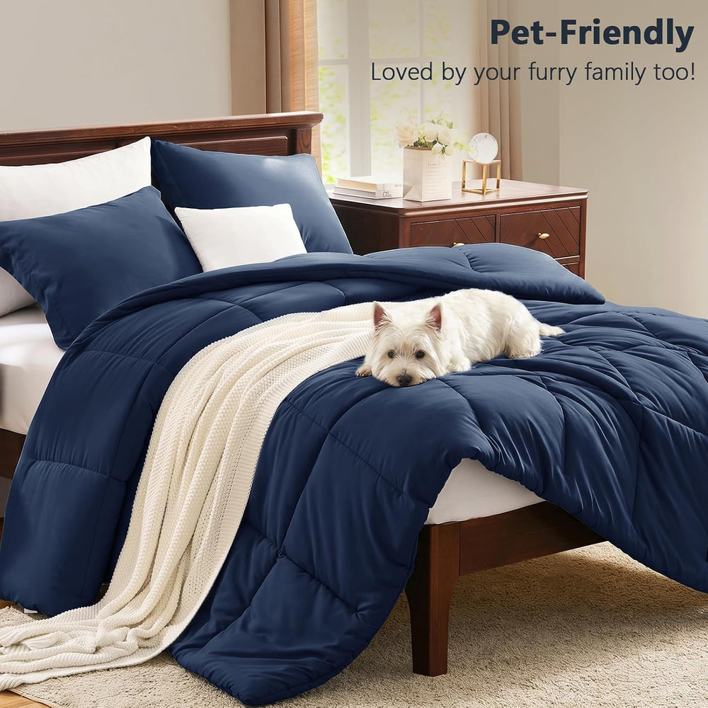 CozyLux Queen Size Comforter Set, 3-Piece Box-Stitched, Navy Blue