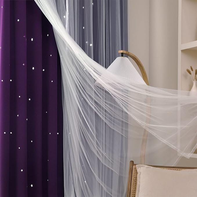 Kinryb Decorative Star Cut-Out Blackout Curtains Sheer Curtain Grommet 2 Layer - Image 3