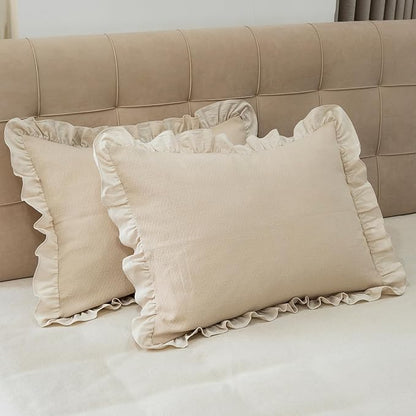 Pillow Shams Set of 2 Pure Cotton Champray Ruffled Edge, Thick and Solid Washed by GLORYSEASON