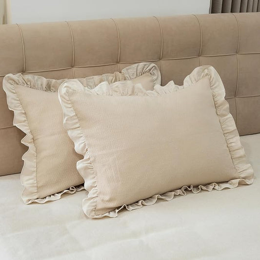 Pillow Shams Set of 2 Pure Cotton Champray Ruffled Edge, Thick and Solid Washed by GLORYSEASON