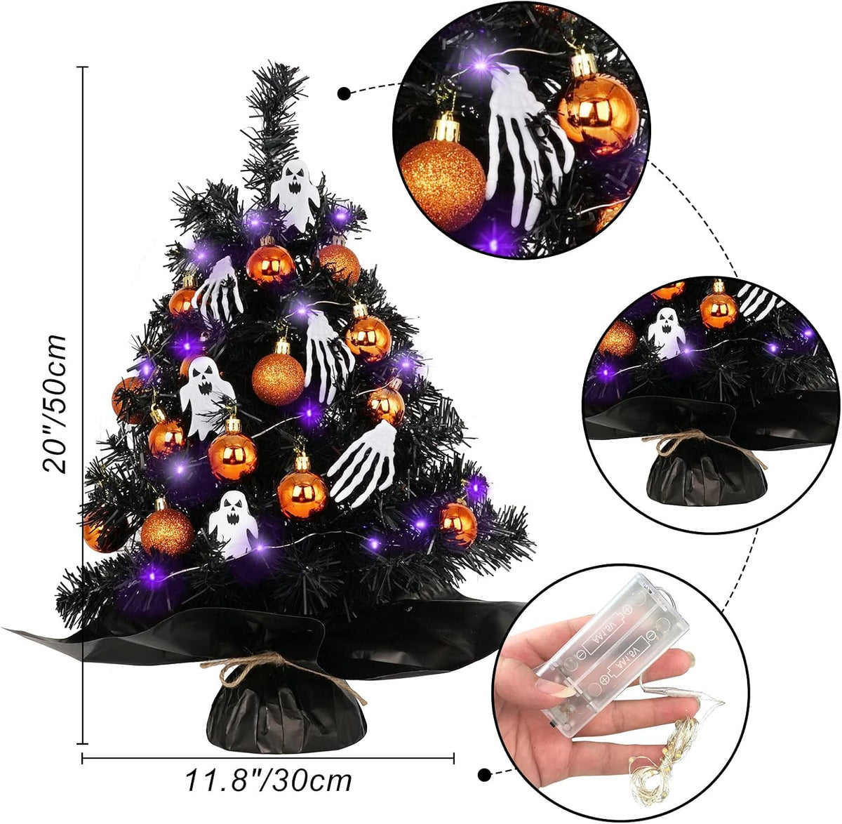 20" Mini Halloween Tree Black Tree Artificial Mini Halloween Tree with Purple LED Lights, Orange Balls Ornaments, Skeleton Hand and Ghost Decorations for Halloween Tabletop Decoration