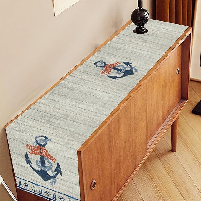 Nautical Anchor Table Runner, Retro Coastal Sailing Ship Anchor Wooden Plank - Image 3