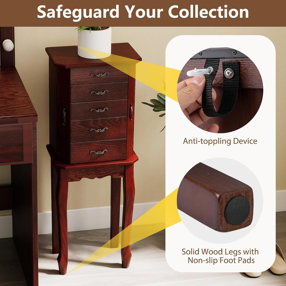 CHARMAID Standing Jewelry Cabinet with 4 Drawers, Flip Top Mirror, Walnut