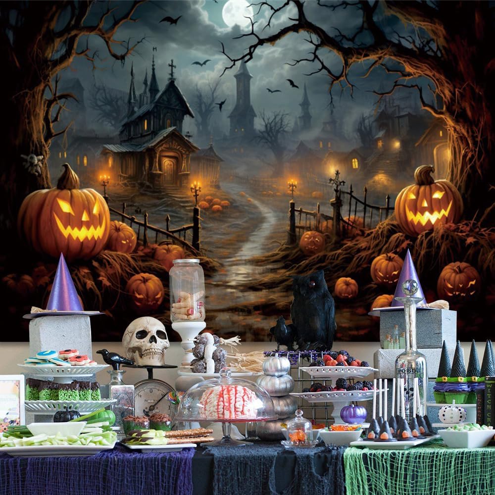 10x8ft Vinyl Horror Halloween Night Backdrop Halloween Pumpkin Withered Tree ...