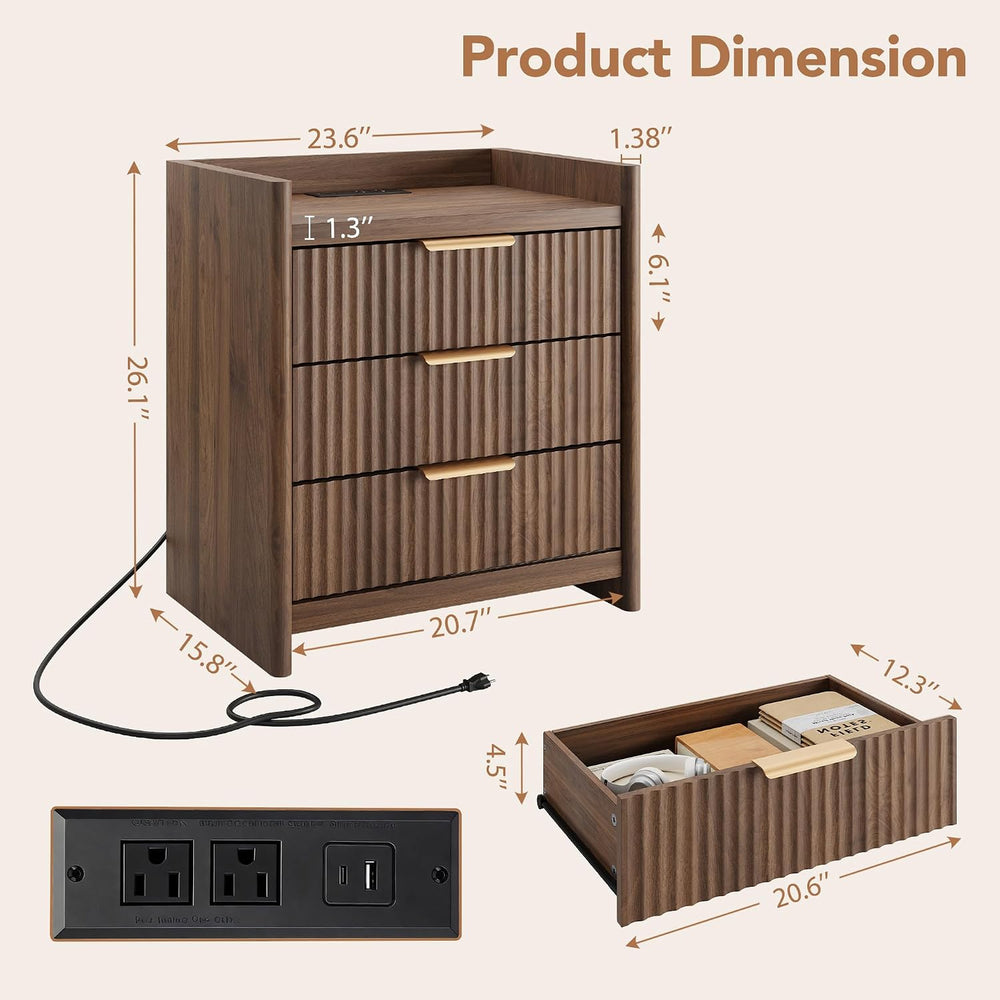 25.9" Fluted Nightstand with Charging Station, Large Bedside Table with ...