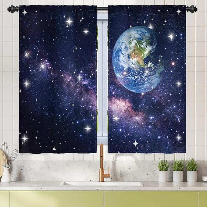Renaiss 26 x 45 Inch Earth Galaxy Bedroom Window Curtains Outer Space View by Renaiss