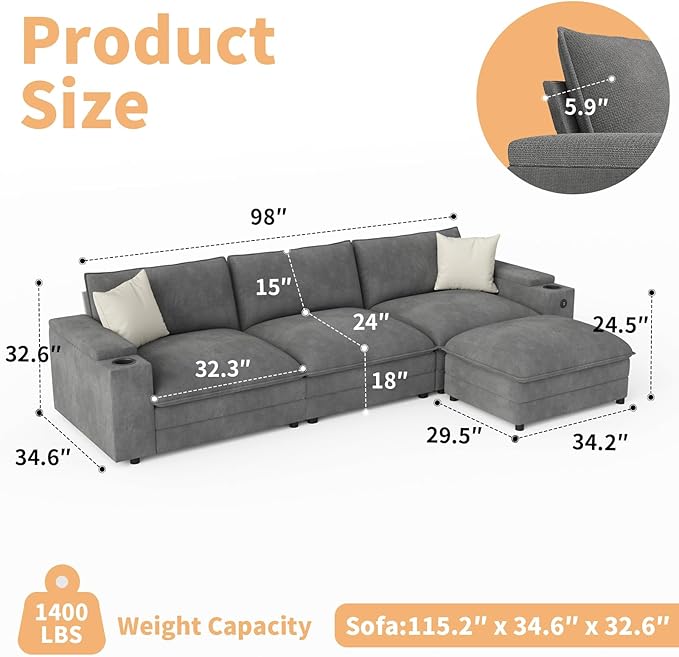 115" L Shaped Cloud Sofa Couch - Image 2