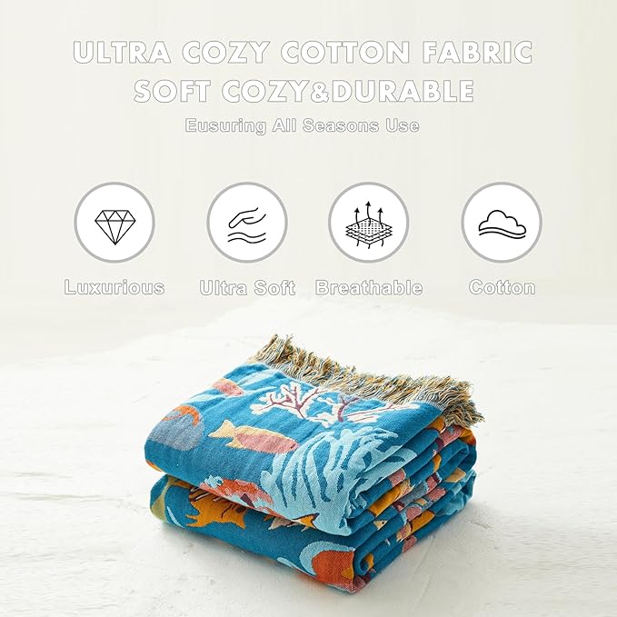 MSGKV Throw Blanket for Couch Cotton Cute Ocean Animals Blanket 50"x60" Sofa - Image 6