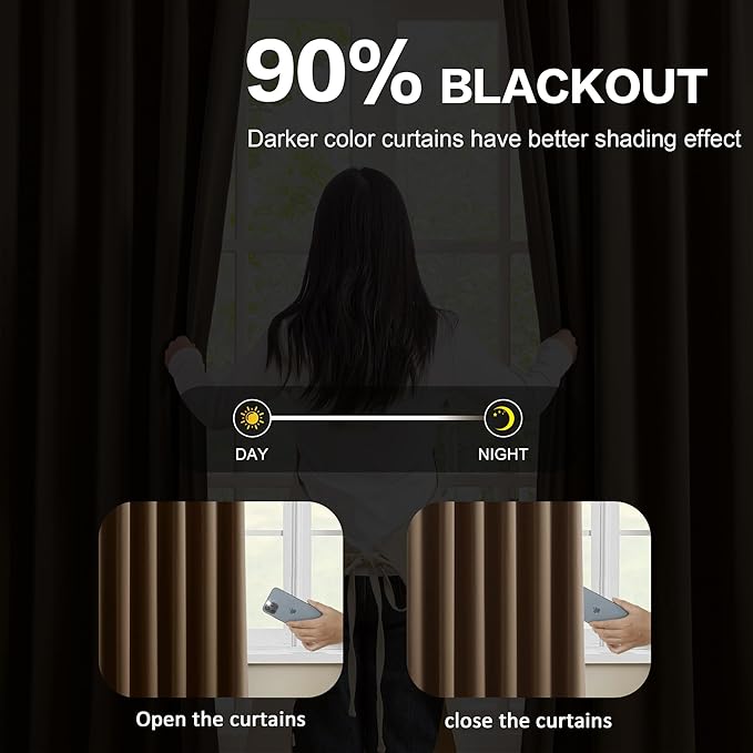 KEQIAOSUOCAI Chocolate Brown Blackout Curtains 108 Inches Long 9 feet Tall - Image 3