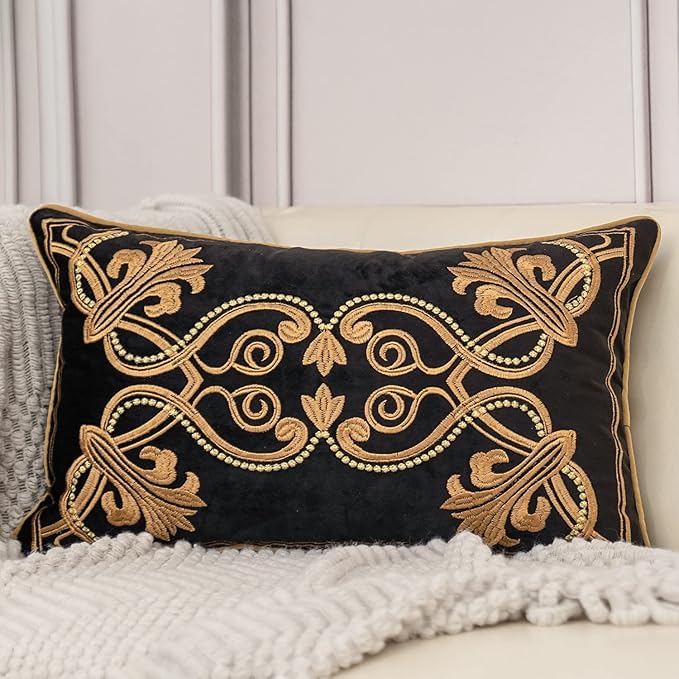 Aeckself European Floral Pillow Cover 12x20 Inch, Luxury Velvet Embroidered by AECKSELF
