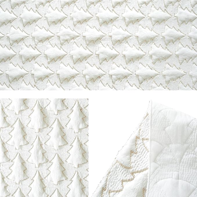 Christmas Trees White Soft Plush Faux Fur Jacquard Gold Sequin Glitter - Image 5
