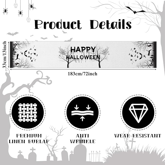 Happy Halloween Table Runner Spooky Forest Ghost Witch Spider Web Bats Pumpkin - Image 6
