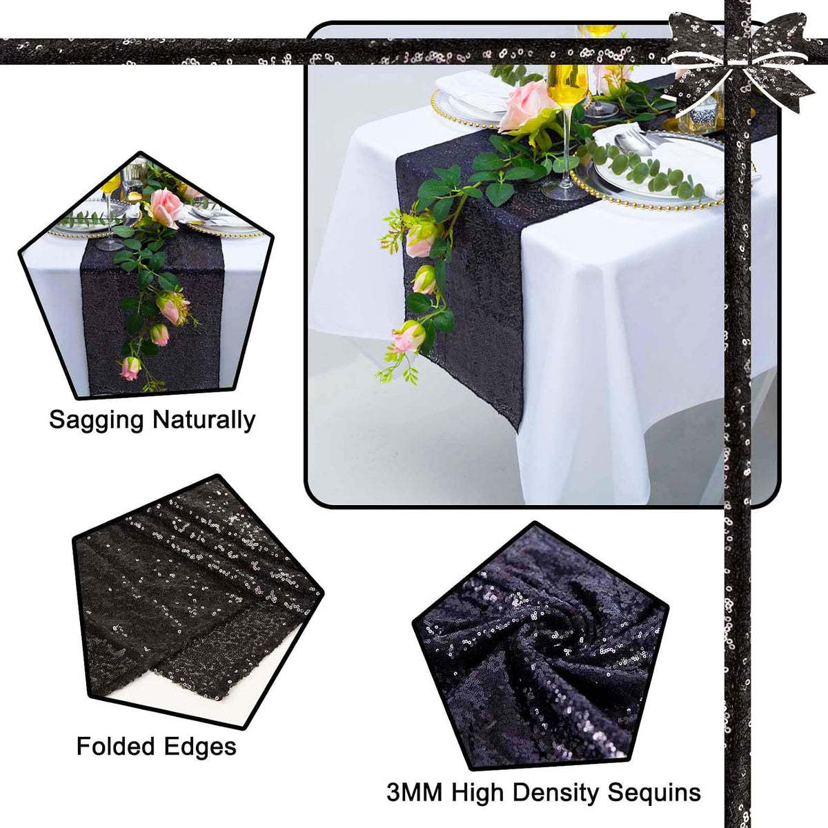 6 Pack Black Sequin Table Runner 12x108 Inch, High Density Sparkly Glitter Table Runners for Wedding Reception, Birthday Party, Banquet, Halloween, Black Metallic Shimmering Decor