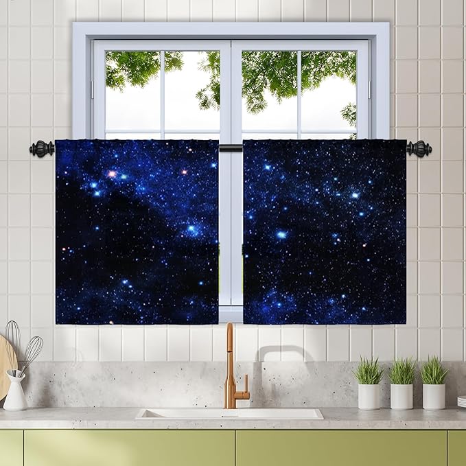 Renaiss 26 x 24 Inch Universe Kitchen Curtains Night Blue Galaxy Cafe Short by Renaiss