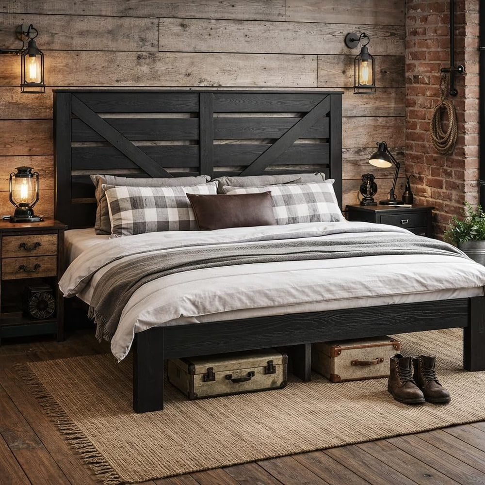 Queen Farmhouse Bed Frame with Headboard, LED Lights, USB Charging
