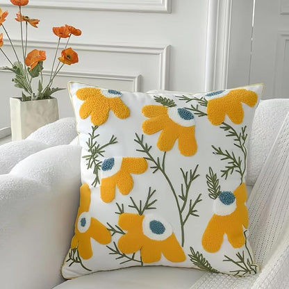18x18 Embroidered Throw Pillow Cover – Yellow Daisy Cotton Decorative Cushion by EmbroideredLiving
