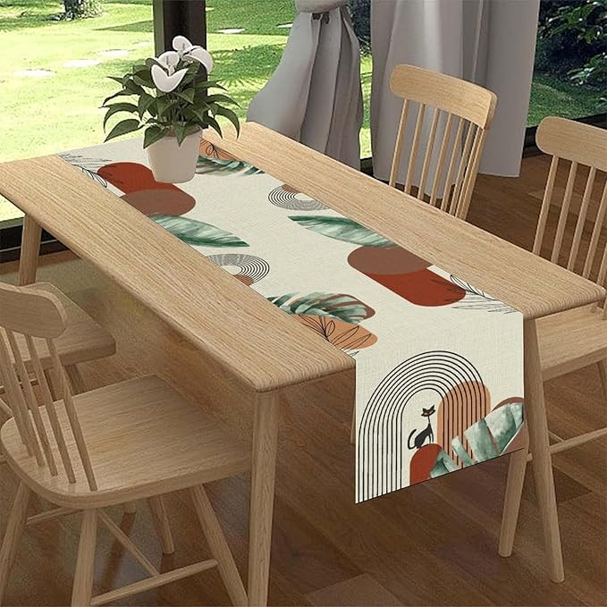Mid Century Modern Table Runner, Abstract Green Leaves Black Cat Tropical - Image 2