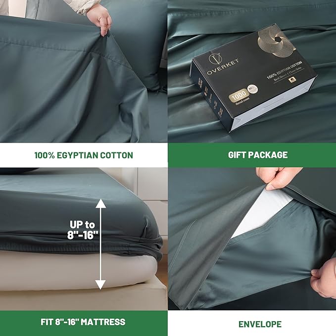 100% Egyptian Cotton Sheets King Size 1000 Thread Count Sateen Weave Soft - Image 4