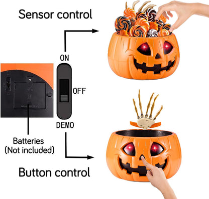 Anlass Halloween Candy Bowl Animated Pumpkin Candy Holder with Moving Skeleton Hand Creepy Sound and Red Eyes for Halloween Decorations Indoors and Trick or Treats