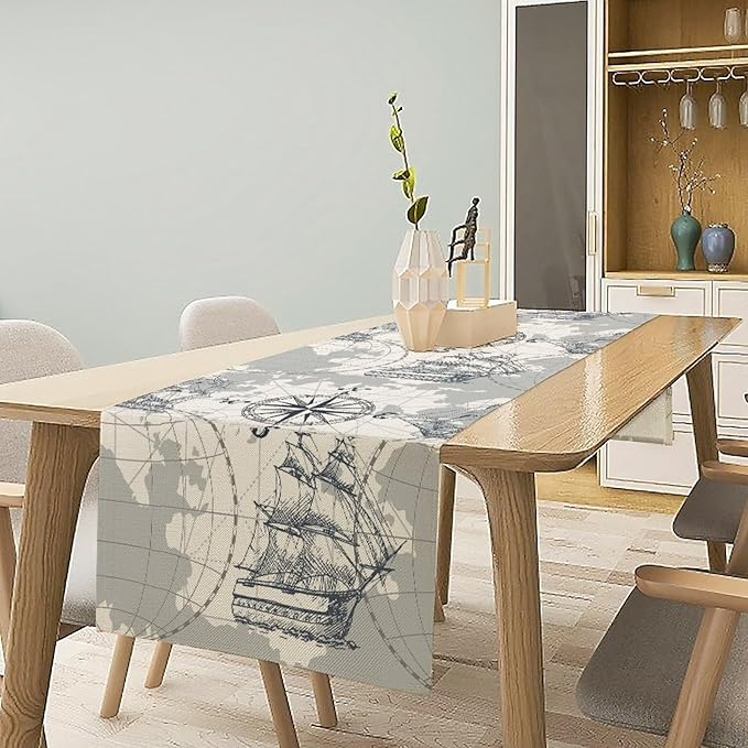 Nautical Sailboat Table Runner Vintage Adventure Coastal Compass Anchor Sketch - Image 2