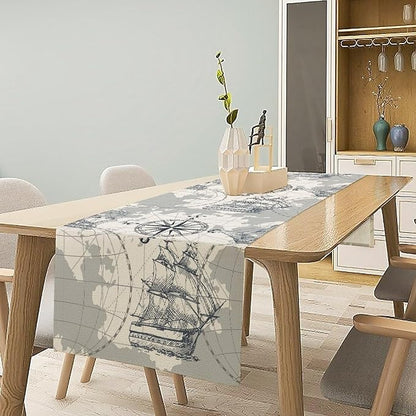 Nautical Sailboat Table Runner Vintage Adventure Coastal Compass Anchor Sketch - Image 2
