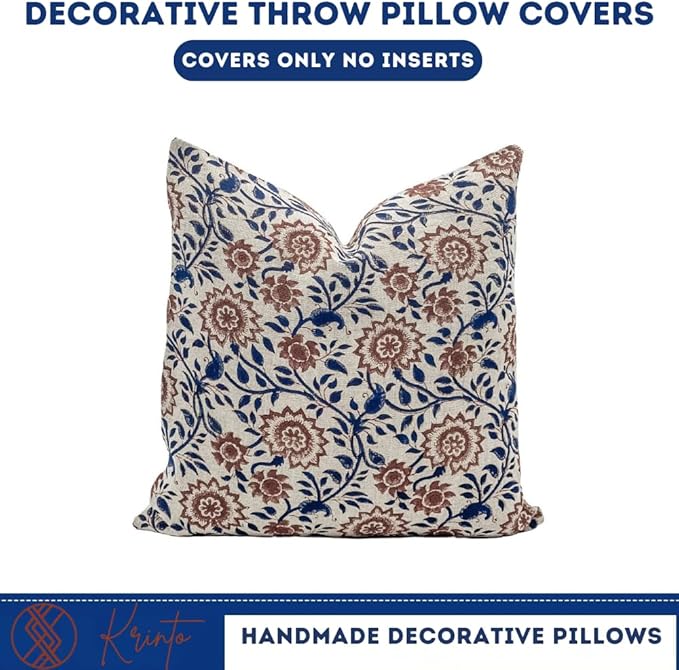 Designer Floral Print on Natural Linen Pillow Cover | Indigo Blue and Rust - Image 6