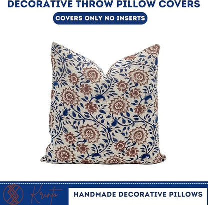 Designer Floral Print on Natural Linen Pillow Cover | Indigo Blue and Rust - Image 6
