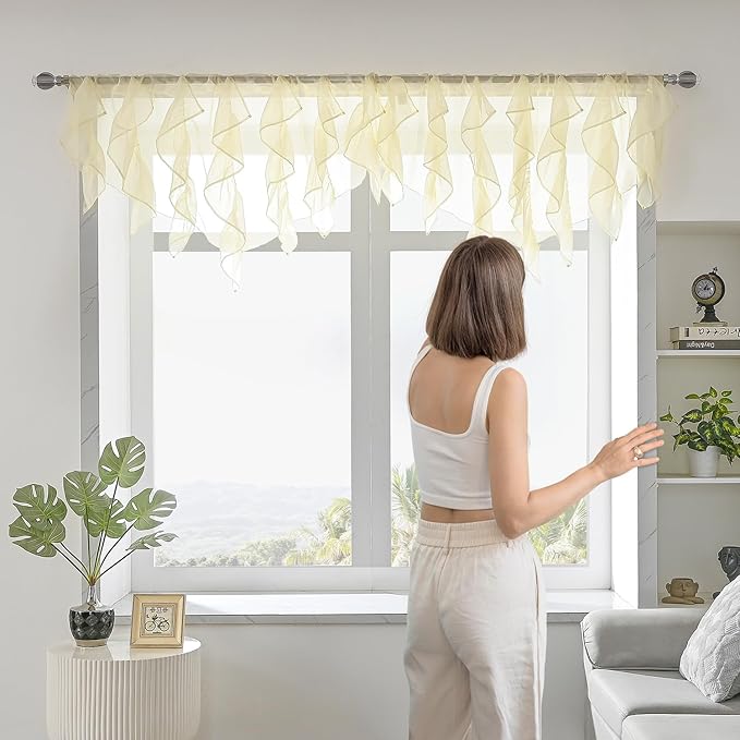 PearAge Ruffled Voile Semi Sheer Curtain Valance, Kitchen Living Room Shabby - Image 2