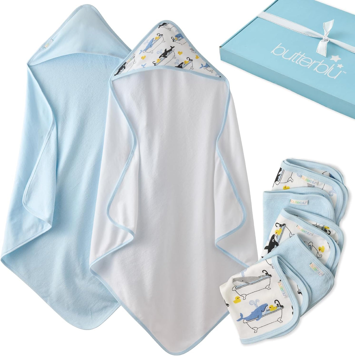 butterblu splash squad hooded towels & washcloths 100% shown in use