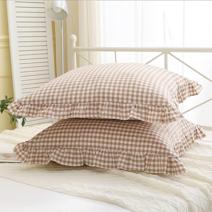 2 Pack Taupe White Plaid Ruffle Square Euro Pillow Shams, 100% Washed Cotton - Image 5