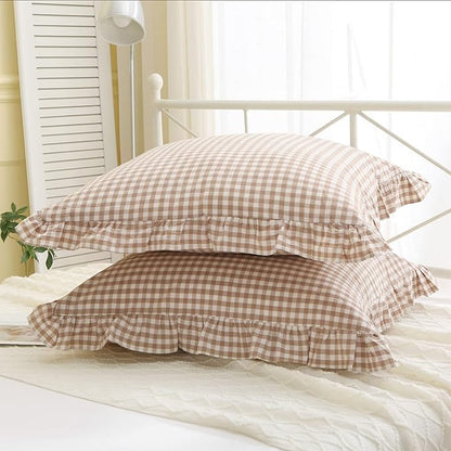 2 Pack Taupe White Plaid Ruffle Square Euro Pillow Shams, 100% Washed Cotton - Image 5